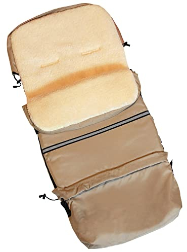 Baby-Joy Fußsack FINN 110 cm aus Lammwolle und Polyester für Kinderwagen und Buggy, 4in1 Thermofußsack, Kaputze, Krabbeldecke, Tasche | Farbe: 11 Beige