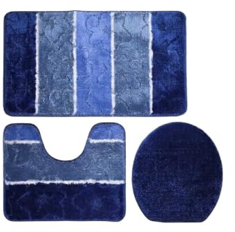 Ilkadim Orion Badgarnitur 3 TLG. Set 50x80 cm Mehrfarbig gestreift, WC Vorleger mit Ausschnitt für Stand-WC (dunkelblau blau Creme)
