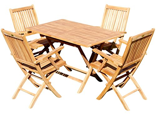ASS Teak Set: Gartengarnitur Klapptisch 120x70cm + 4 Klappsessel mit Armlehne Holz Serie JAV-Aves
