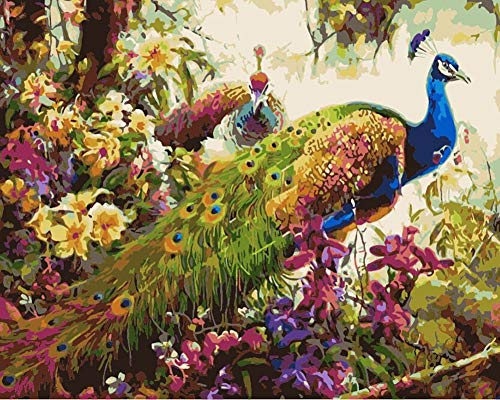 YEESAM ART DIY Ölgemälde Malen nach Zahlen Erwachsene Kinder, Pfau Wald Blumen Zahlenmalerei ab 5 Öl Wandkunst
