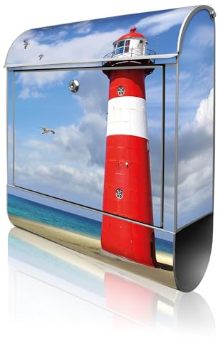 banjado Design Briefkasten 38,5x46,5x13cm & 2 Schlüssel - Briefkasten Stahl Silber mit Zeitungsfach pulverbeschichtet - Postkasten A4 Einwurf inkl. Montagematerial - Motiv Leuchtturm Westkapelle
