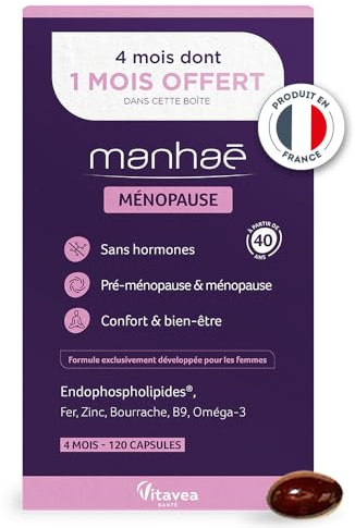 Vitavea Santé - Manhaé Ménopause 4 mois - Oméga-3 Bourrache - Cure 4 mois | Sans hormones - Protection Cellulaire - Efficacité Prouvée - Fer & B9 Anti-fatigue - Zinc & Vitamine E - Fabriqué en France