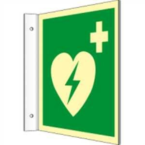 Fahnenschild Automatisierter externer Defibrillator (AED) HIGHLIGHT PVC 20 x 20cm mit 2 Bohrungen à 3 mm Ø Leuchtdichte: HIGHLIGHT 48 mcd/m² gemäß ISO 7010, E010