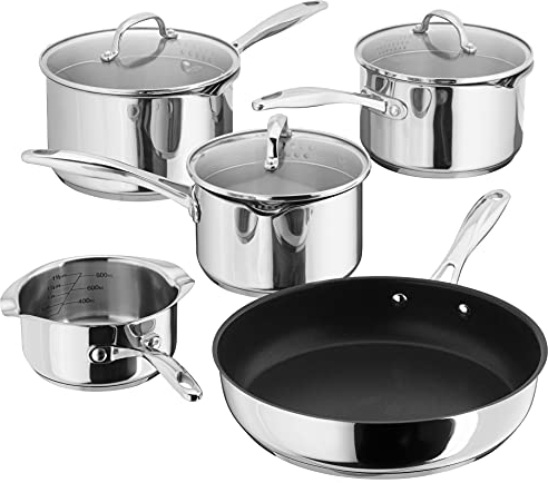 Stellar Profile 5-Piece Set of Stainless Steel Pans 16cm, 18cm & 20cm Draining Saucepans with Strainer Lids, Teflon Non Stick Frying Pan 26cm and Milk Pan 14cm, Induction Ready
