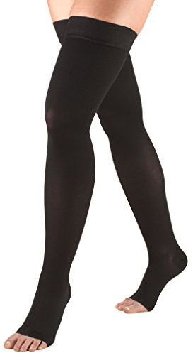 Truform 30-40 mmHg Compression Stockings for Men and Women, Thigh High Length, Dot-Top, Open Toe, Black, Medium