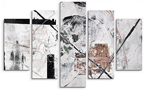 Paul Sinus Art 5 teiliges Wandbild auf Leinwand (Gesamt: H: 100cm B: 160cm) Keilrahmenbild Canvas Fotodruck Leinwandbild Leinwanddruck Kunstdruck Wandbild weiß grau schwarz braun Striche