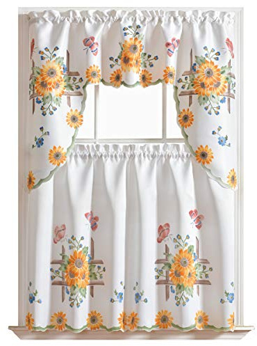 GOHD 3pcs Farmhouse Kitchen Cafe Curtain Set Air Brushed by Hand of Sunflower and Butterfly Design on Thick Satin Fabric (Swag and 36 inches Tiers Set)