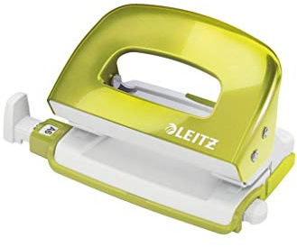 Leitz Mini Locher aus Metall, kleiner Locher für 10 Blatt, Metall, Anschlagschiene mit Formatangaben, Ergonomisches Design, metallic grün, WOW-Serie, 50601064