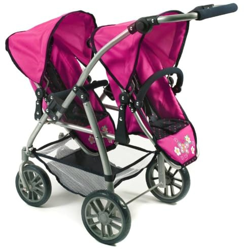 Tandembuggy Vario, Zwillingsbuggy für Zwei Puppen, Puppenwagen für Kinder von 4 bis 8 Jahren, Dots Pink