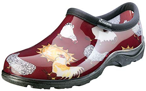 Sloggers Original Waterproof Rain and Garden Shoe for Women– Outdoor Slip-On Garden Clog - Made in The USA with Premium Comfort Insole and Arch Support - Chicken Print Barn Red, Size 11