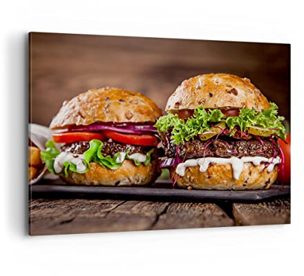 Bilder auf Leinwand 100x70cm Leinwandbild Amerikaner Hamburger Essen Barbecue Groß Wanddeko Bild Schlafzimmer Deko Wandbilder Dekoration Wohnzimmer Wall Decor Canvas Wand Kunstdruck Art AA100x70-2869