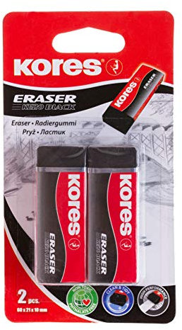 Kores - KE-20: Gomme in PVC Nere con Rivestimento in Carta per Bambini, Studenti e Adulti, Non Tossiche e Adatte ai più Piccoli, Articoli per la Scuola e l'Ufficio, 60 x 21 x 10 mm, Confezione da 2