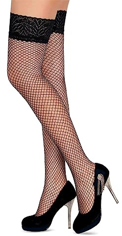 Simply Joshimo Womens White Thigh High Fishnet Stockings/Large Hole Fencenet with Elasticated Floral Lace Band (Large Net)