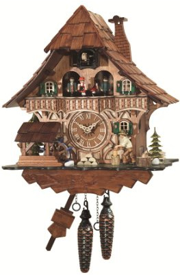 Engstler Quartz Cuckoo Clock Black Forest House with Moving Wood Chopper and Mill Wheel, with Music EN 496 QMT