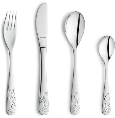 Kuppels Kinderbesteck-Set 4-tlg, Edelstahl, spülmaschinenfest | Geprägte Motive, rostfreier Edelstahl, Kindermesser, Kindergabel, Esslöffel, Teelöffel – ideales Taufgeschenk