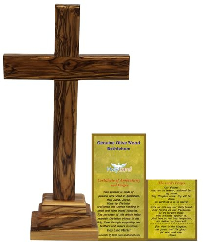 Holy Land Market Large Olive Wood Cross - Standing/Table Altar Cross, 12 in (30 cm), Hand Carved in Bethlehem