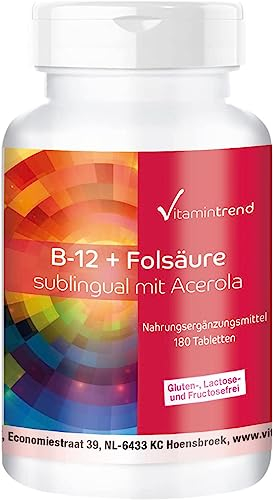 Vitamintrend Vitamin B-12 + Folsäure sublingual mit Acerola, 180 Tabletten, hochdosiert mit 500µg Vitamin B12, Nahrungsergänzungsmittel vegan ohne Magnesiumstearat, in Deutschland hergestellt
