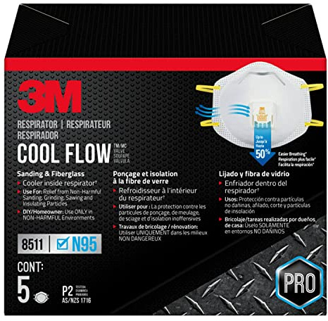 3M N95 Respirator 8511, 5 Pack, NIOSH-APPROVED N95, Features 3M COOL FLOW Exhalation Valve, Relief From Dusts & Certain Particles During Sanding, Pollen, Mold Spores, Dust Particles (8511HB2-C-PS)