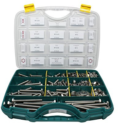 Set DIN 933 M10 Edelstahl A2 V2A mit Muttern + Scheiben | 445 Teile M10 Gewinde bis KopfDIN 933 Scheiben DIN 125 127 9021 Muttern DIN 315 934 985 1587 A2 V2A