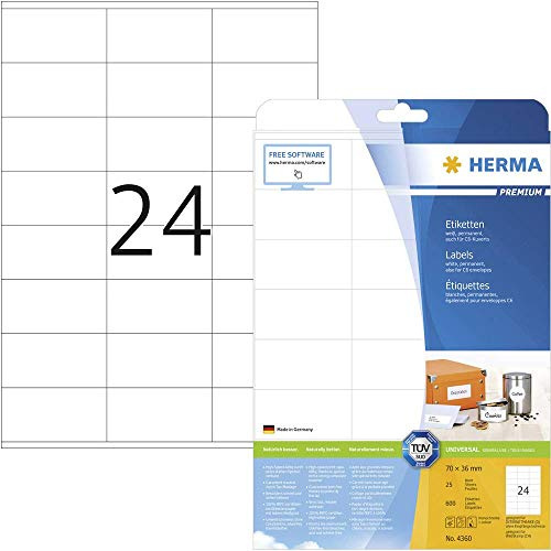 Herma 4360 600 Etiketten 70x36mm selbstklebend auf insgesamt 25 Blatt DIN A4, allround-Qualität weiss