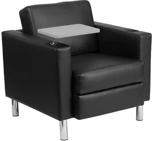Flash Furniture George Black LeatherSoft Guest Chair with Tablet Arm, Tall Chrome Legs and Cup Holder