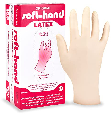 Servoprax Soft-Hand Untersuchungshandschuhe – Einweg-Handschuhe aus Latex, angerauhte Oberfläche und kräftige Qualität, ideal bei empfindlicher Haut – 100 Stück (S)