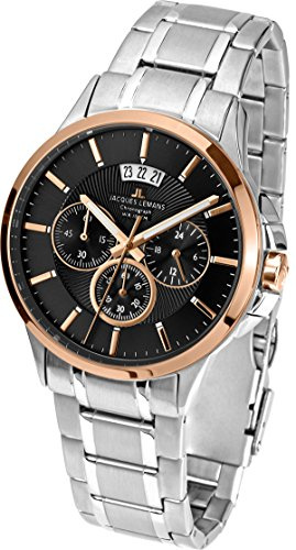 JACQUES LEMANS Herrenuhr Sydney Metallband massiv Edelstahl ip-rosé / Bicolor Chronograph 1-1542J