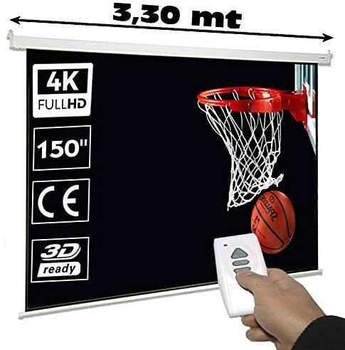 Pantalla de proyeccion motorizada de 150, Dimensiones de la Tela 3 x 2,20 Metros, cajetin de Acero 3,30 Metros, Pantalla para proyector electrica con Mando inalambrico (150 Pulgadas)