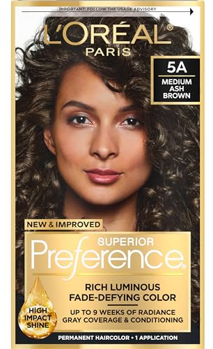 L'Oreal Paris Superior Preference Luminous Fade-Defying Permanent Hair Color, Hair Dye For Up to 9 Weeks of Radiance, Medium Ash Brown 5A, 1 Hair Dye Kit