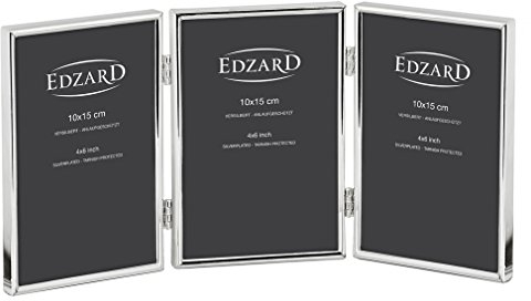 EDZARD Dreifach-Bilderrahmen Collage Genua für 3 Fotos 10 x 15 cm, Hochformat, edel versilbert, anlaufgeschützt, mit Samtrücken, Fotorahmen zum Stellen