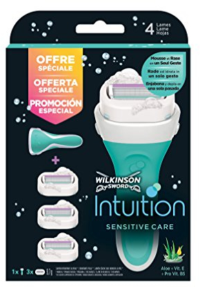 Wilkinson Sword Intuition Sensitive Care - Pack Maquinilla Depilatoria Verde y Enjabonadora Hidratante con Bandas Protectoras de Aloe, Vitamina E y Vitamina B5 + 3 Recambios de Cuchillas Intuition