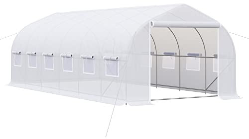 Outsunny Invernadero de Exterior Invernadero de Túnel 6x3x2 m Invernadero de Jardín Grande con 12 Ventanas y Puerta Enrollable con Cremallera Macro de Metal para Cultivo Plantas Blanco