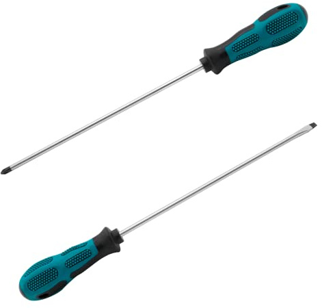 Rierdge Slotted and Phillips Screwdriver, Magnetic 5mm Flat Head & Cross-head Tips Screwdriver with 8” Steel Shaft, 2 PCS Long Screwdriver with Rubber Handle for Repair