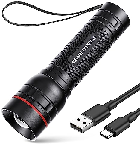 GEARLITE Rechargeable LED Torch, 2000LM Torches LED Super Bright with 3 Modes, Portable Small Torch with Battery, Waterproof Flashlight Zoomable for Power Cut, Emergency, Camping, Hiking, Outdoor