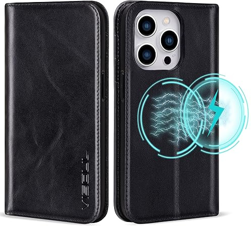 VISOUL Hülle für iPhone 15 Pro Max, Schutzhülle Echt Leder Schützt vor Stoß Kartenfach Magnetverschluss Stand klappbar handyhülle Handytasche Etui Case Schwarz