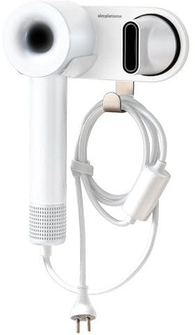 simpletome Hair Dryer Holder Wall Mount for All Magnetic High Speed Blow Dryer with Plug Cord Organizer Hook (Aluminum Alloy, White)