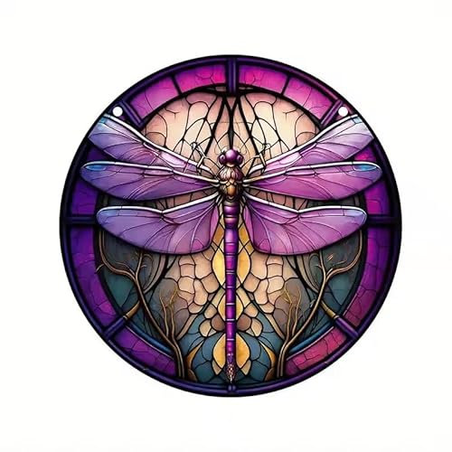 Flower Dragonfly Stained Windows Hanging Suncatcher,Christmas Dragonfly Tree Suncatchers Window Ornament Glass Panel Sun Catcher Wall Hanging Decor Birthday Gifts