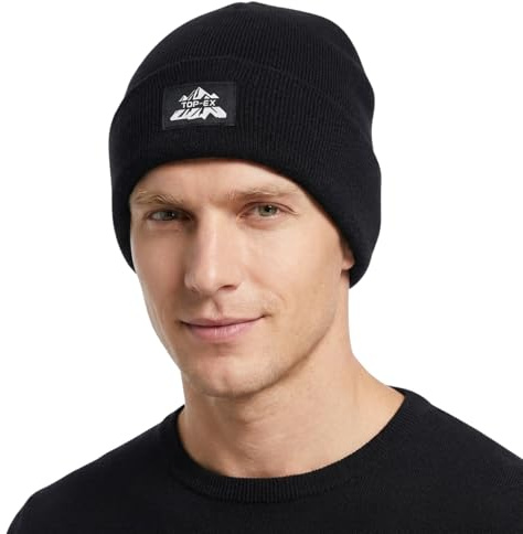 TOP-EX 100% Merinowolle Hut Strickmütze Herren Damen Fleece Wintermütze Warme Winddicht Atmungsaktiv Mütze Beanie Schwarz für Running Ski Wandern Schwarz M L