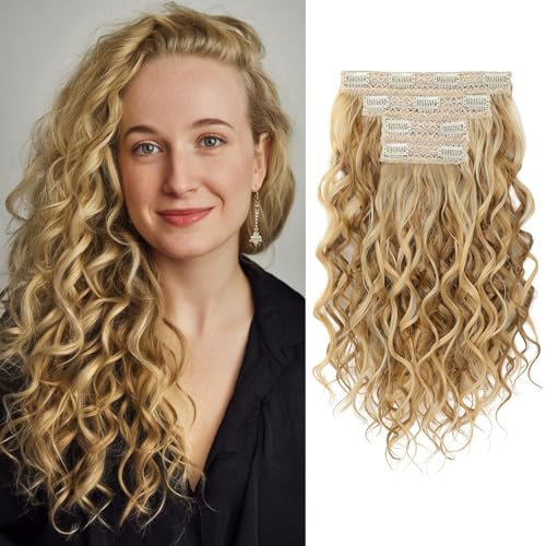 REECHO Curly Hair Extensions, 4PCS 16 inch Clip in Hair Extensions Lace Weft Short Curly Hair Extension Clip Ins Invisible Natural Hairpieces for Women, Golden Blonde with Highlights