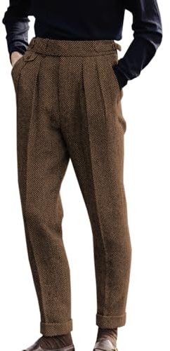 Men's High Waisted Tweed Dress Pants Pleated Front Vintage Wool Trousers, Brown, 32W x 32L