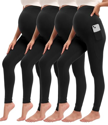 Siimcuzy 4 Pack Women’s Maternity Leggings with Pockets Over The Belly Pregnancy Workout Yoga Pants Activewear 4 Black XX-Large