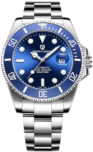 Pagani Design - Orologio automatico da uomo, 42 mm, con movimento NH35A, impermeabile fino a 100 m, cinturino in acciaio inox, datario, ideale per moda e sport da uomo (Silver Blue)