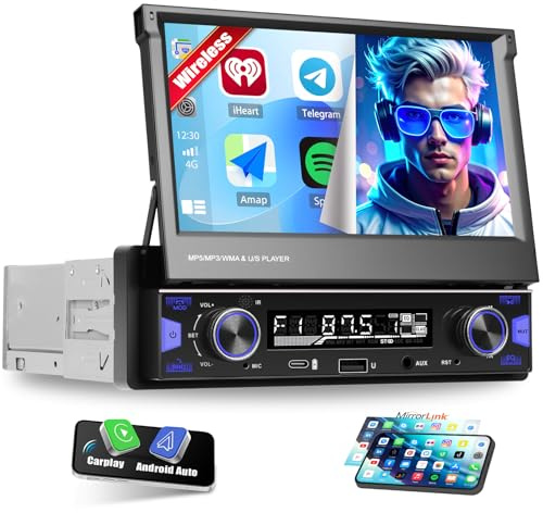 CAMECHO Radio de Coche 1 Din con Pantalla Táctil HD Inalámbrica Carplay, 7 Pulgadas Pantalla Retráctil Manual de Radio Bluetooth con Android Auto FM/AM/RDS Manos Libres Mirror Link Control del Volante