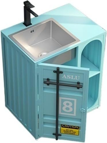 ZTGL Mobile Bagno a Terra con Lavabo in Acciaio Inox, Telaio in Ferro Battuto di Alta qualità, Lavandino su Piedistallo Freestanding Set con Rubinetto e Scarico,Light Blue