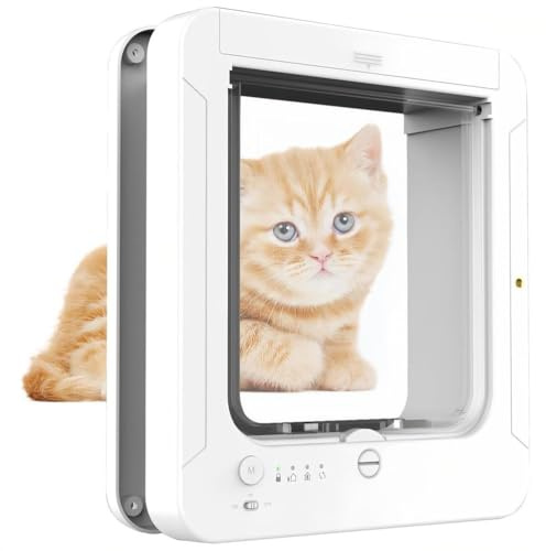 TUPOSTAR Intelligente Katzenklappe, FüR Innen- Und AußEntüRen, Mit Halsband Sensor, SchlüSsel, Fernbedienung Und 4-Fach, VerschließBarer Katzenklappe FüR Katzen Und Hunde,Weiß