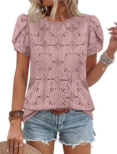 Boho Tops for Women Crochet Lace Embroidered Blouses Dressy Casual Petal Short Sleeve Shirts Plus Size Spring Fashion Summer Clothes Pink L