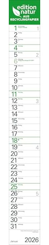 Streifenplaner Grün Recyclingpapier Edition Natur 2026: Wandplaner und Bürokalender als praktische Monatsübersicht. Streifenkalender schmal: 11,8 x 89 cm