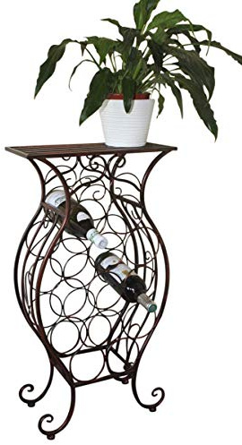 Garden Market Place Antique Style Decorative Metal Framed Wine Rack for 13 Bottles With Shelf - Bronze