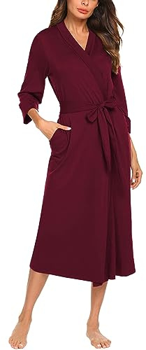 UNibelle Morgonrock för kvinnor, 3/4 ärmar, badrock, nattkläder, kimono, basturock med djup V-ringning S–XXXL, A-mörk röd, XL
