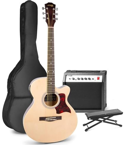 MAX ShowKit Elektrische Akustikgitarre, Akustische E-Gitarre Set - Gitarrenverstärker 40 Watt, Fußbank, Gitarren-Stimmgerät, Gitarrentasche und Plektrum - Natur